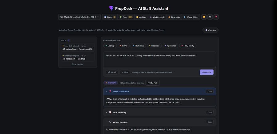 PropDesk — AI staff assistant generating vendor and tenant drafts