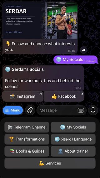 Serdar_Fit_bot — real Telegram bot menu