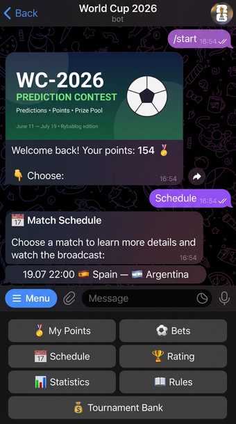 World Cup 26 Toto Bot — real Telegram bot menu